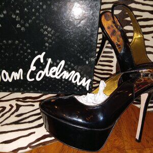 SAM EDELMAN BLACK PATENT LEATHER SLING- BACK STILTS